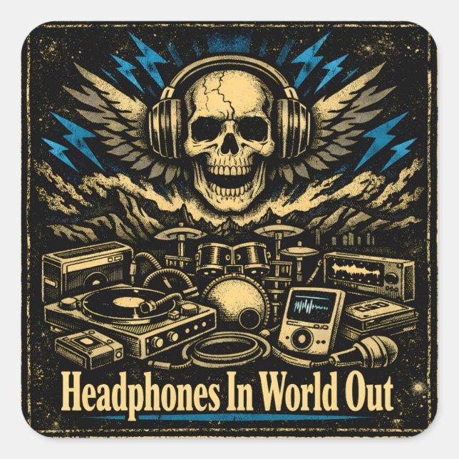 Sticker Carré Headphones In World Out – Music Escape Zone (Devant)