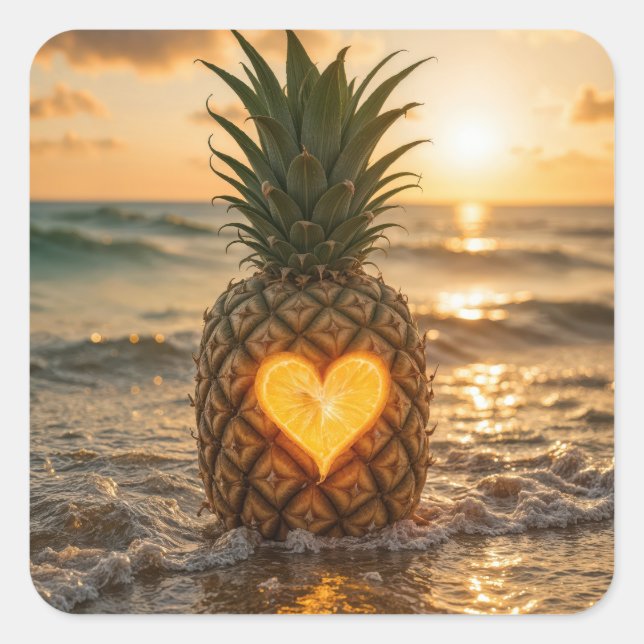 Sticker Carré Heart Carved Into a Pineapple On a Beach (Devant)