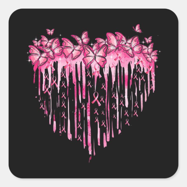 Sticker Carré Heart Pink Ribbon Butterflies Breast Cancer (Devant)