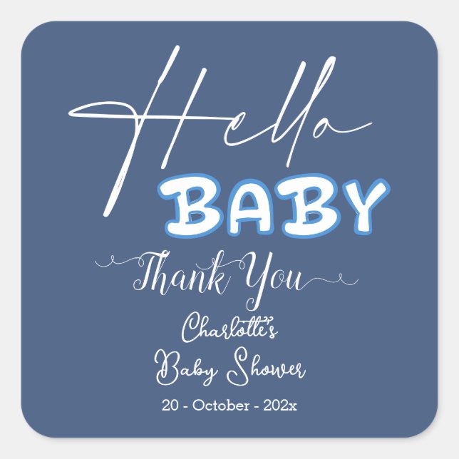 Sticker Carré Hello Baby Elegant Baby shower bleu foncé (Devant)