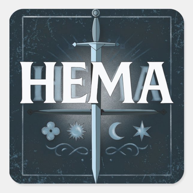 Sticker Carré HEMA Medieval Sword Emblem – Blue Graffiti Style (Devant)