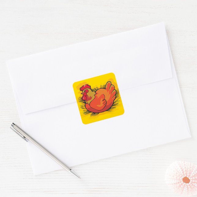 Sticker Carré Hen on Nest Bright Farmyard Chicken (Créateur téléchargé)