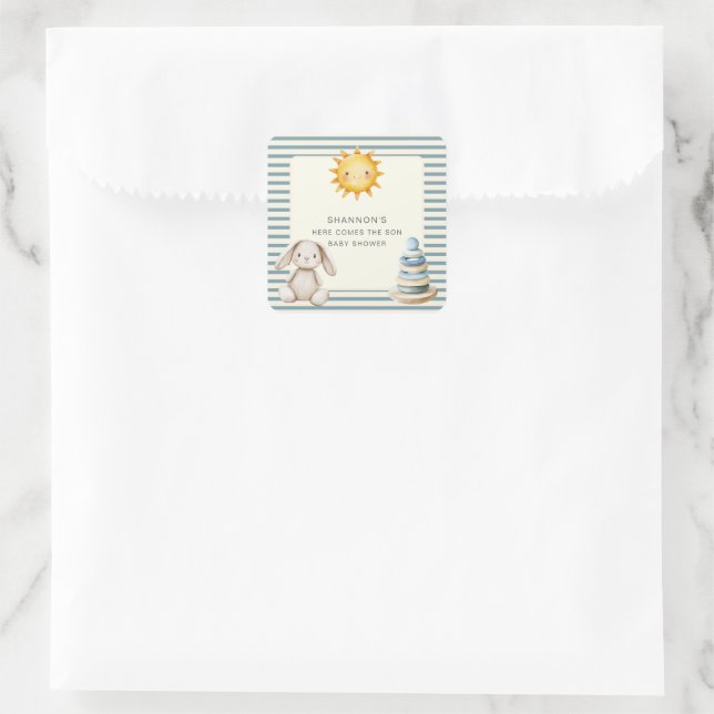 Sticker Carré Here Comes the Son Baby Shower Blue Stripe (Sac)