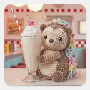 Sticker Carré Hérisson au crochet et milkshake au diner rétro