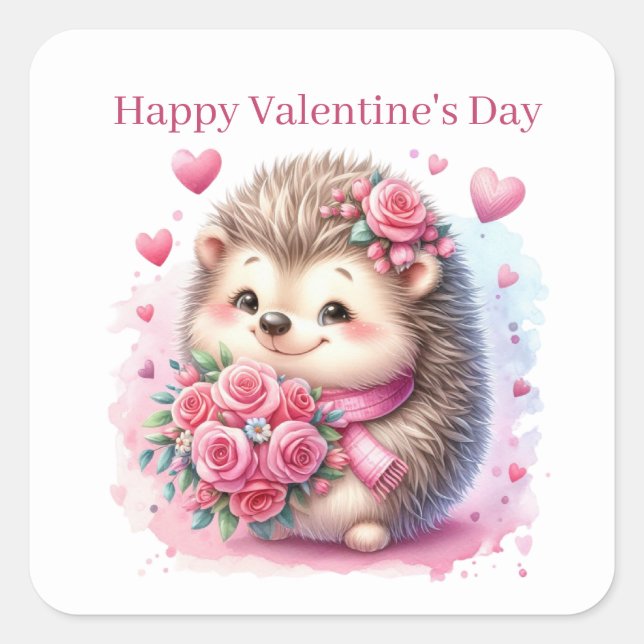 Sticker Carré Hérisson Heureuse Sainte-Valentin mignon (Devant)