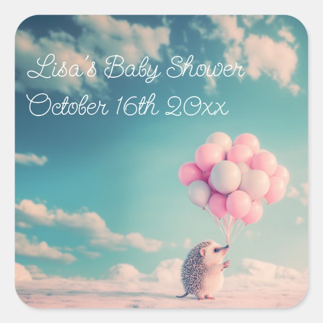 Sticker Carré Hérisson mignon avec ballons d'anniversaire, perso (Devant)