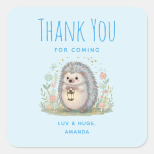 Sticker Carré Hérisson Mignon avec Lanterne Merci pour la Fête