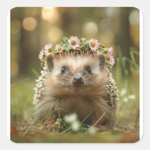 Sticker Carré Hérisson mignon avec une couronne de fleurs