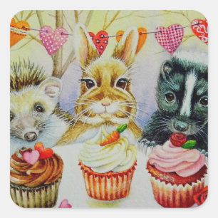 Sticker Carré Hérisson Rabbit Skunk & Cupcakes Watercolor Art