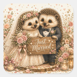 Sticker Carré Hérisson Tout Juste Marié Cottagecore Romantique M