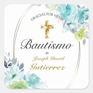STICKER CARRÉ HERMOSO BAUTIZO BEBÉ CRUZADO DE ORO FLORAL AZUL