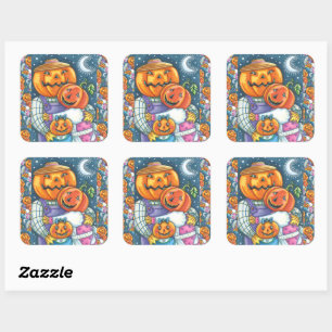 STICKER CARRÉ HEUREUSE FAMILLE JACK-O'-LANTERN, COLORÉE ET MORTE