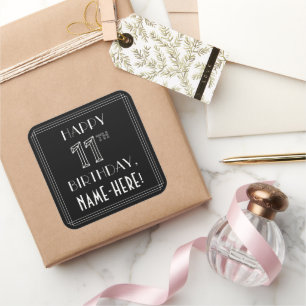 Sticker Carré HEUREUX 11E ANNIVERSAIRE ; Style Art Déco ; Nom pe