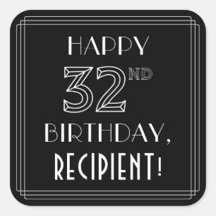 Sticker Carré HEUREUX 32E ANNIVERSAIRE ; Style Art Déco ; Nom pe