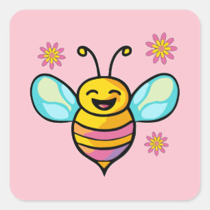 Sticker Carré Heureux bébé abeille souriante avec des fleurs.