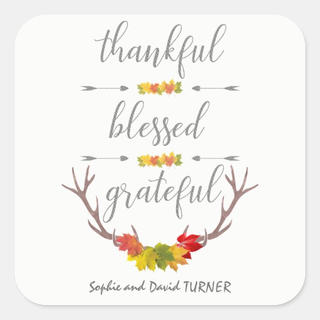 Sticker Carré Heureux Béni Grateful Fall Antler Thanksgiving (Devant)