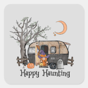 Sticker Carré Heureux   Camper d'Halloween   Sorcière Éffrayante
