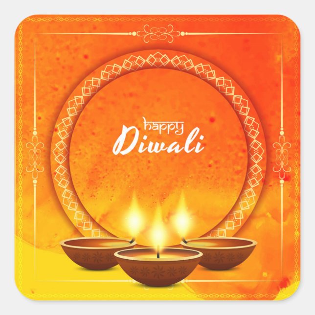 Sticker Carré Heureux Diwali Diya Yellow Orange Salutation (Devant)