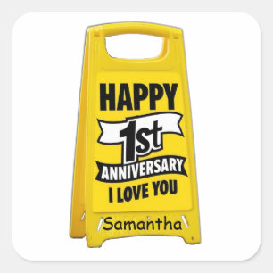 Sticker Carré heureux premier anniversaire jaune signe Je vous a