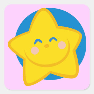 STICKER CARRÉ HEUREUX SOURIRE GOLDEN STAR CARTOON BLEU JAUNE