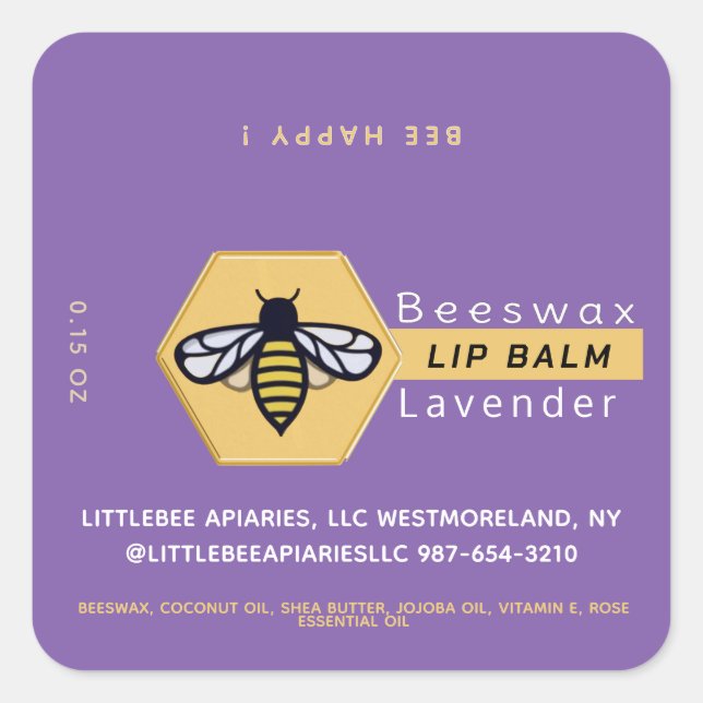 Sticker Carré HEXAGON Lavender LIP BALM en cire d'abeille avec B (Devant)