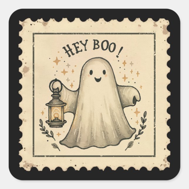 Sticker Carré Hey Boo Halloween Lanterne fantôme (Devant)
