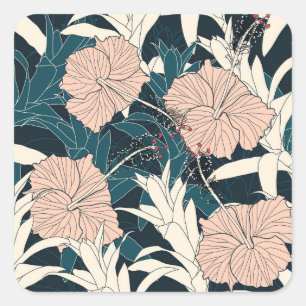 Sticker Carré Hibiscus rose tropical, arrière - plan sombre