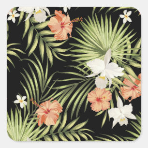 Sticker Carré Hibiscus tropicaux : modèle floral Vintage