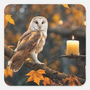 Sticker Carré Hibou dans le feuillage d'automne et chandelle mys
