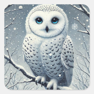 Sticker Carré Hibou des neiges perché sur une branche hivernale 