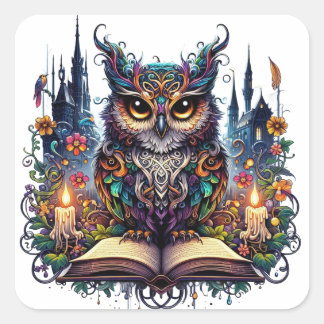 Sticker Carré Hibou livresque magique