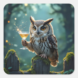 Sticker Carré Hibou tenant un cocktail dans une forêt mystique