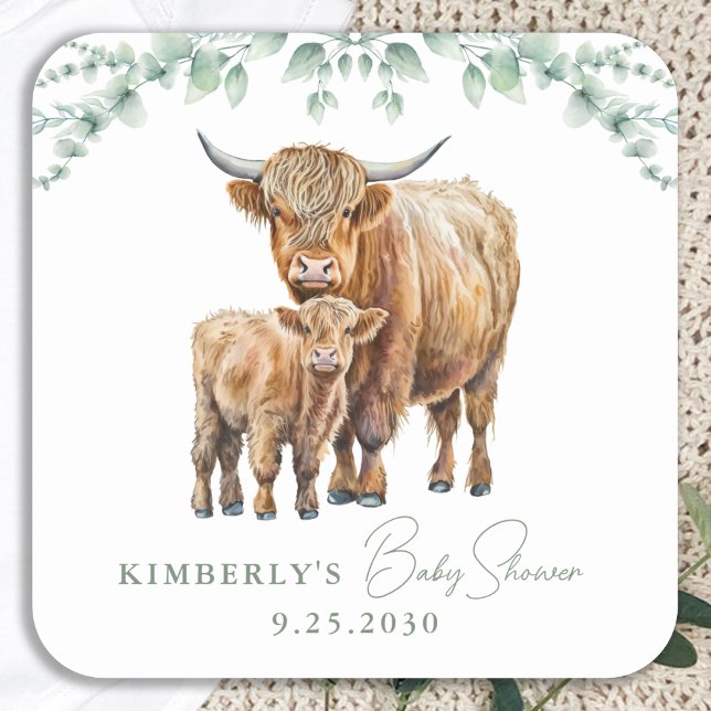 Sticker Carré Highland Cow Boho Baby shower vert Sage (Créateur téléchargé)
