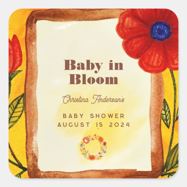 Sticker Carré Hippie rétro Baby shower d'orange d'aquarelle flor (Devant)