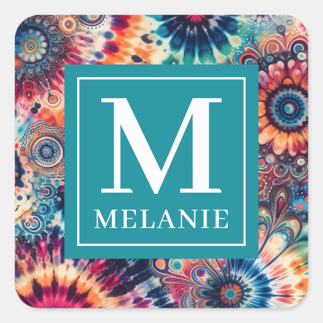 Sticker Carré Hippie Retro Cravate-Dye Monogrammé (Devant)