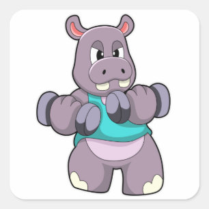 Sticker Carré Hippo à Bodybuilding avec Dumbbells