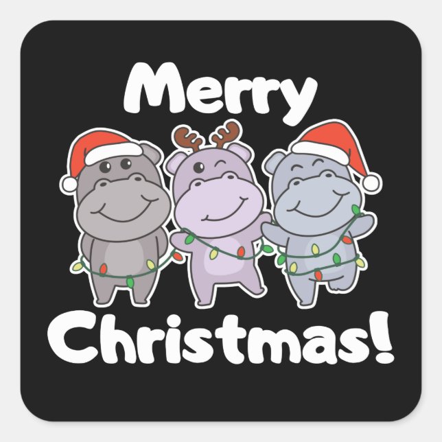 Sticker Carré Hippo Animaux de Noël mignons Hippopotames Joyeux  (Devant)