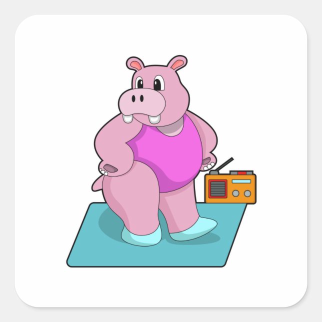 Sticker Carré Hippo at Fitness with Radio.PNG (Devant)