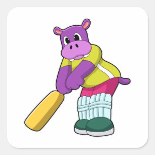Sticker Carré Hippo au cricket avec batte de cricket