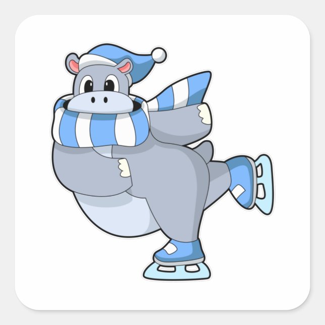 Sticker Carré Hippo au patinage sur glace avec patins sur glace (Devant)