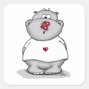 Sticker Carré Hippo avec papillon sur son nez