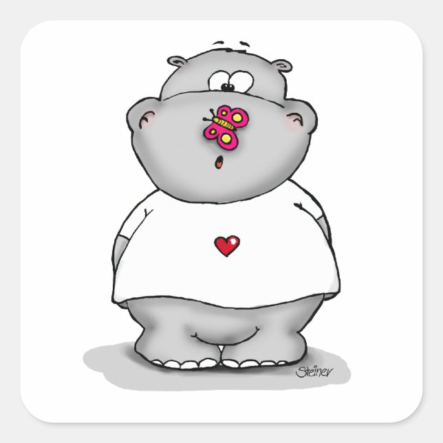 Sticker Carré Hippo avec papillon sur son nez (Devant)