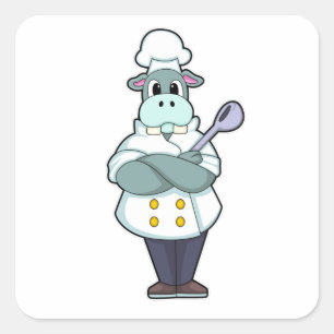 Sticker Carré Hippo cuisiner avec cuillère en bois et tablier de