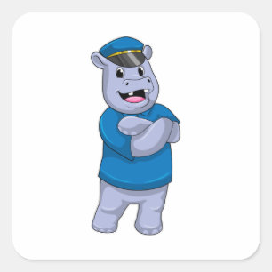 Sticker Carré Hippo en tant que policier avec casquette de polic