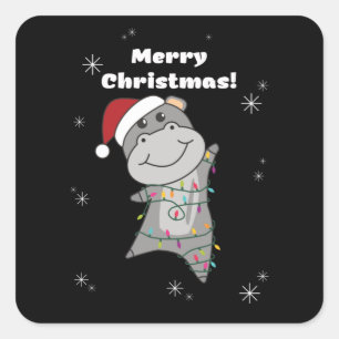 Sticker Carré Hippo Joyeux Noël Animaux d'hiver Hippopotames