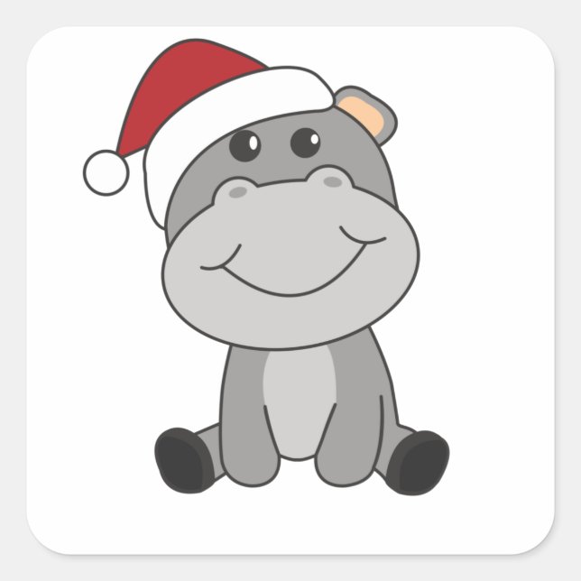 Sticker Carré Hippo Joyeux Noël Animaux d'hiver Hippopotames (Devant)