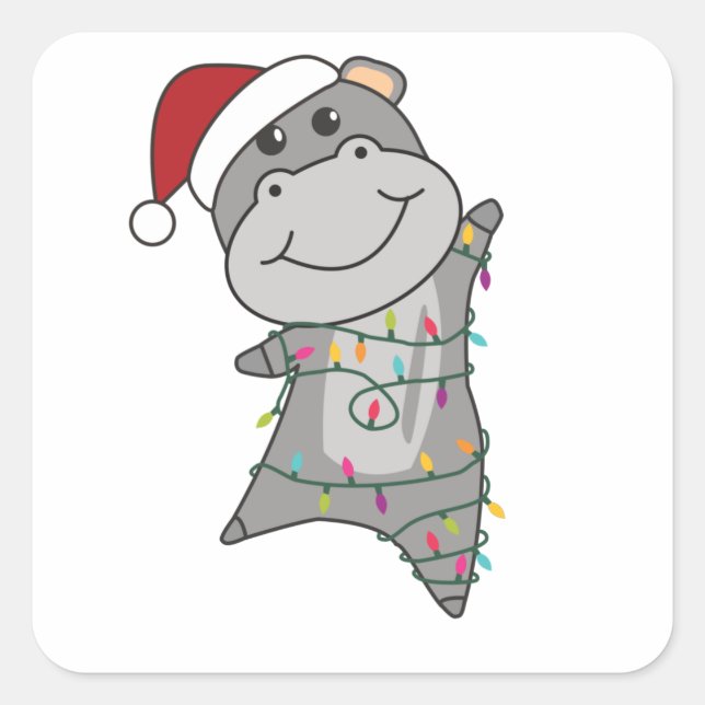 Sticker Carré Hippo Joyeux Noël Animaux d'hiver Hippopotames (Devant)