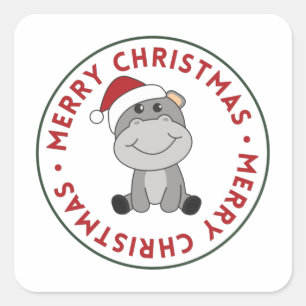 Sticker Carré Hippo Joyeux Noël Animaux d'hiver Hippopotames Car