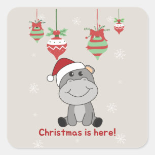 Sticker Carré Hippo Joyeux Noël Animaux d'hiver Hippopotames Car