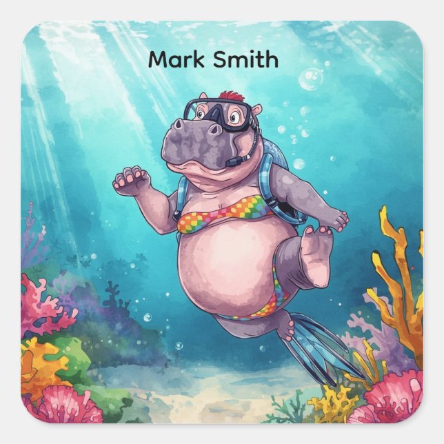 Sticker Carré Hippo Scuba diver underwater  (Devant)